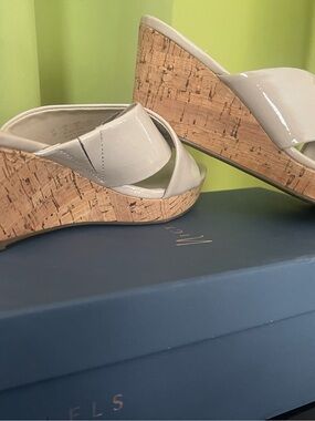 Nickels Patent Leather Cork Wedge Slides in Nude